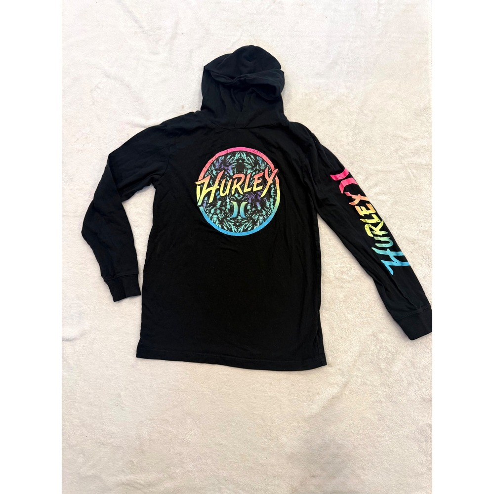 Hurley Kids Black Long Sleeve Hooded Graphic Tee Shirt Large 12-13 Yrs